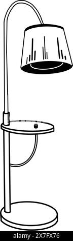 Piantana vintage. Una piantana con un ampio paralume e una gamba, disegnata in nero vettoriale su sfondo bianco. Per la progettazione di schizzi interni Illustrazione Vettoriale