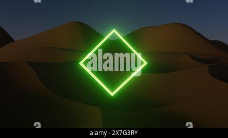 illustrazione in 3d, quadrato luminoso al neon nel deserto di notte Foto Stock