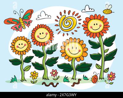 Illustrazione a forma di fioriera colorata e disegnata a mano con turbinio di sole e falena. Adatto per biglietti d'auguri e murales. Illustrazione Vettoriale