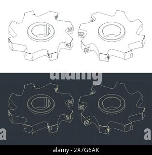Illustrazioni vettoriali stilizzate di progetti isometrici della fresa a dischi Illustrazione Vettoriale