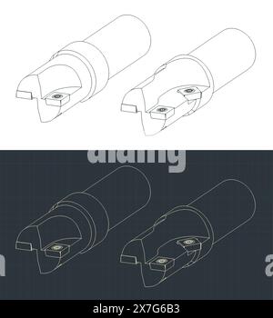 Illustrazioni vettoriali stilizzate di progetti isometrici di utensili per la lavorazione di parti in alluminio Illustrazione Vettoriale