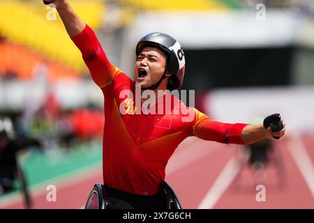 Kobe, Giappone. 20 maggio 2024. HU Yang della Cina festeggia dopo aver vinto la finale maschile 400m T54 ai Campionati del mondo di atletica leggera di Kobe, Giappone, 20 maggio 2024. Crediti: Zhang Xiaoyu/Xinhua/Alamy Live News Foto Stock