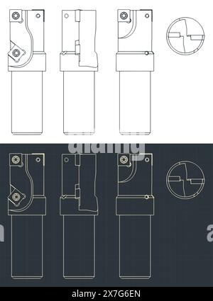 Illustrazioni vettoriali stilizzate di progetti di utensili per la lavorazione di parti in alluminio Illustrazione Vettoriale
