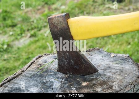 AX con impugnatura gialla bloccata nel vecchio ceppo Foto Stock