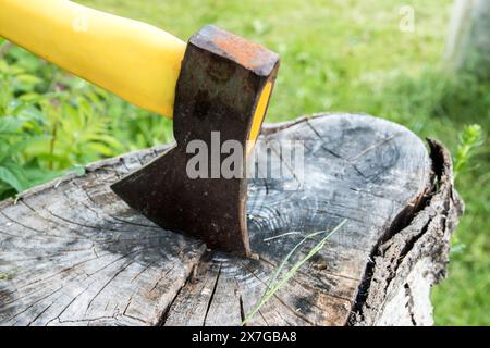 AX con impugnatura gialla bloccata nel vecchio ceppo Foto Stock