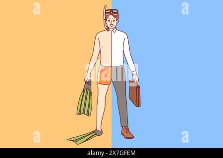 Uomo vestito da vacanza e da lavoro allo stesso tempo, sognando un rapido viaggio in mare estivo. Un uomo d'affari che ama fare immersioni chiama per nuotare e prendere il sole in spiaggia durante le vacanze Illustrazione Vettoriale