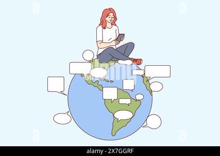 Una donna utilizza un traduttore online sul telefono cellulare per comunicare in diverse lingue, seduto sul globo. La funzione di traduzione integrata nello smartphone consente di chattare con persone provenienti da tutto il pianeta Illustrazione Vettoriale