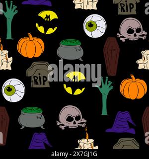Motivo senza cuciture con icone di Halloween su sfondo nero Illustrazione Vettoriale