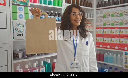 Farmacista donna sorridente che tiene il sacchetto di carta sta in farmacia moderna piena di prodotti medici e articoli di igiene. Foto Stock