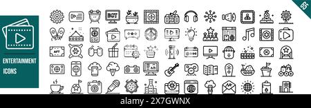 Serie di icone della linea di intrattenimento. Raccolta di icone con contorno sottile. Illustrazione vettoriale. Traccia modificabile. Illustrazione Vettoriale