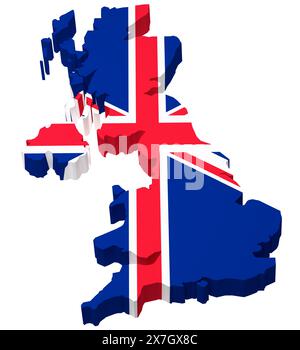 La mappa del Regno Unito è sovrapposta alla bandiera del Regno Unito isolata su sfondo bianco puro (i bianchi nella bandiera sono al massimo 252, quindi puoi confondere lo sfondo Foto Stock