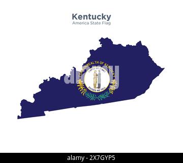 Bandiera e mappa del Kentucky. Bandiere degli stati e territori degli Stati Uniti. L'America dichiara bandiera e mappa su sfondo bianco. Foto Stock