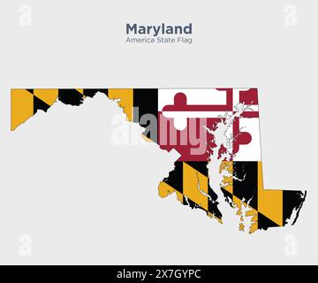 Bandiera e mappa del Maryland. Bandiere degli stati e territori degli Stati Uniti. L'America dichiara bandiera e mappa su sfondo bianco. Foto Stock