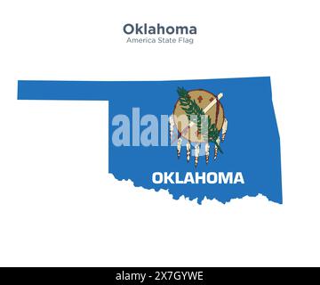 Bandiera e mappa dell'Oklahoma. Bandiere degli stati e territori degli Stati Uniti. L'America dichiara bandiera e mappa su sfondo bianco. Foto Stock