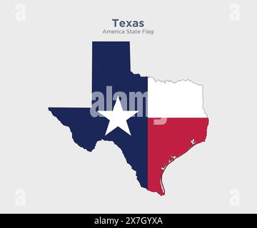 Bandiera e mappa del Texas. Bandiere degli stati e territori degli Stati Uniti. L'America dichiara bandiera e mappa su sfondo bianco. Foto Stock