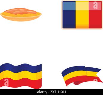 Le icone di bandiera della Romania impostano il vettore dei cartoni animati. Colore e proporzioni ufficiali. Simbolo nazionale Illustrazione Vettoriale