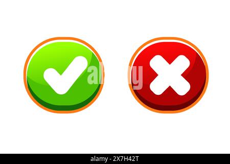 Icone con segno di spunta incrociato, pulsanti rotondi piatti. Illustrazione Vettoriale