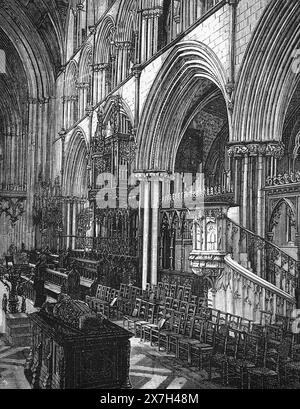 Il Coro della Cattedrale di Worcester come sarebbe apparso alla fine del XIX secolo. Black and White Illustration from Our Own Country Vol III pubblicato da Cassell, Petter, Galpin & Co. Alla fine del XIX secolo. Foto Stock