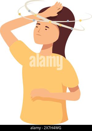 Illustrazione di una giovane donna che sente vertigini. Non bene. E disorientato. Vivi le vertigini. Nausea. E mal di testa. Tenendole la testa in pericolo e disagio. Mostrando sintomi di malattia e squilibrio Illustrazione Vettoriale