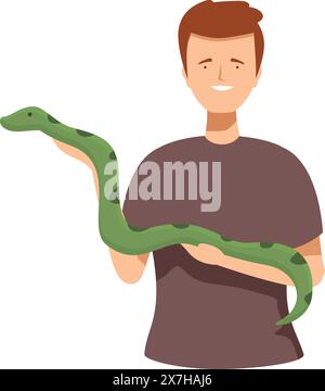 Illustrazione a fumetto di un giovane felice con un serpente verde amichevole avvolto intorno alle spalle Illustrazione Vettoriale