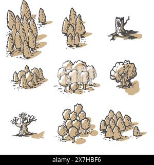 Elementi della mappa fantasia illustrazione, disegno, incisione, inchiostro, line art, vettore Illustrazione Vettoriale