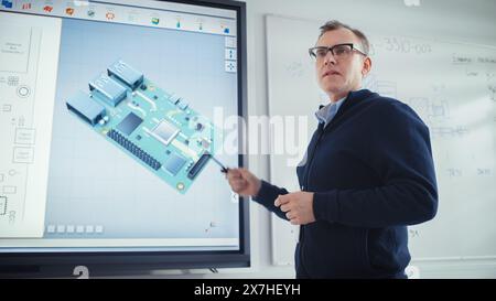 L'insegnante maschile utilizza la lavagna interattiva digitale, parla con gli studenti e mostra i componenti della scheda madre per computer 3D all'università. Concetto di tecniche innovative nel campo della tecnologia. Primo piano. Foto Stock