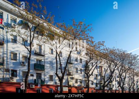 Un assaggio del passato di Siviglia con un edificio residenziale pubblico degli anni '1950 nel quartiere El Tardón di Triana. Foto Stock