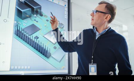 L'insegnante maschile si trova accanto alla lavagna interattiva digitale e indica il modello 3D del processore durante la lezione sui componenti della scheda madre del computer. Gli studenti ascoltano attentamente. Primo piano. Foto Stock