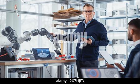 In Robotics Development Laboratory: Ingegneri e scienziati del futuro lavorano con Automated Robotic Arm Prototype. L'imprenditore tecnologico professionale ispira le persone a nuovi traguardi tecnologici. Foto Stock