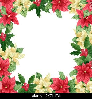 Cornice natalizia floreale con acquerello bianco e rosso poinsettia e holly disegnati a mano. Elemento natalizio acquerello. Clipart per il design, telaio per l'avidità Foto Stock
