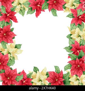 Cornice natalizia floreale con punta bianca e rossa disegnata a mano. Elemento natalizio acquerello. Clipart per il design, cornice per biglietti d'auguri Foto Stock