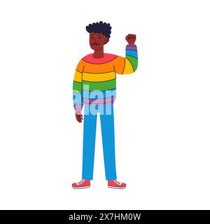 Un uomo dalla pelle scura con una camicia arcobaleno mostra un pugno chiuso. Un simbolo di solidarietà, di lotta per i diritti. Mese dell'orgoglio. Illustrazione vettoriale isolata Illustrazione Vettoriale