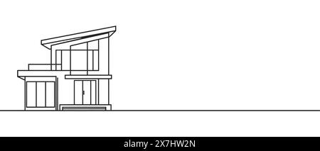 Casa moderna o edificio commerciale in stile disegno artistico a linea continua. L'architettura moderna è isolata su sfondo bianco. Illustrazione vettoriale Illustrazione Vettoriale