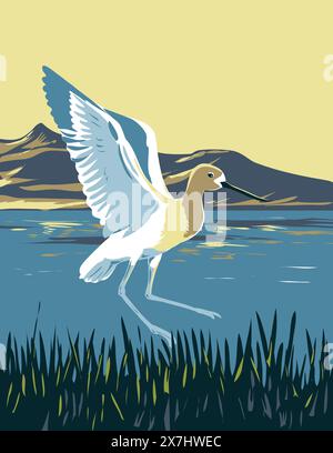 Poster art WPA di American Avocet nel Great Salt Lake, America's Dead Sea, situato a Salt Lake City, Utah, Stati Uniti, gestito dall'amministratore del progetto in Works Illustrazione Vettoriale