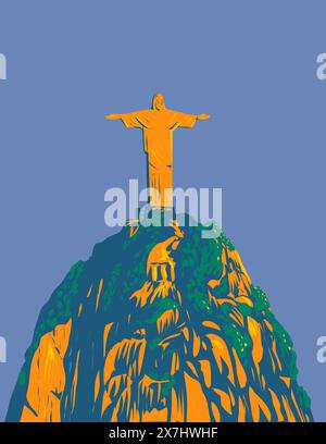 WPA poster art di Cristo Redentore sulla cima del monte Corcovado all'interno del Parco Nazionale Tijuca a Rio de Janeiro in Brasile realizzato in opere administ del progetto Illustrazione Vettoriale