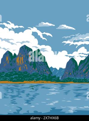 Poster art WPA del fiume li o li Jiang nel corso superiore del fiume Gui nel Guangxi nord-occidentale, Repubblica popolare cinese realizzato in un progetto di opere Illustrazione Vettoriale