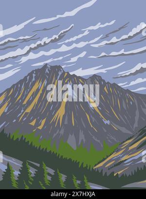 Poster art WPA di Mount Stuart negli incantesimi dell'area Alpine Lakes Wilderness della catena montuosa Cascade nello Stato di Washington, Stati Uniti Illustrazione Vettoriale