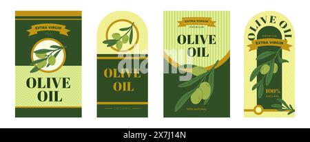 Etichette per l'olio d'oliva. Prodotti biologici naturali. Adesivi per lattine e confezioni. Extra vergine. Cottura e condimento delle insalate. Ramo d'albero con frui verde Illustrazione Vettoriale