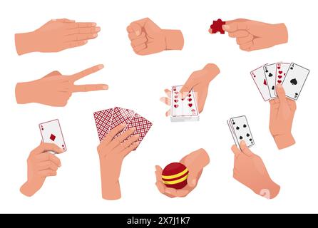Mani che giocano a giochi diversi. Sviluppo di capacità motorie di alto livello. Giocattoli logici. Gioco d'azzardo e gioco competitivo. Carte poker. Accessori per l'allenamento delle dita Illustrazione Vettoriale