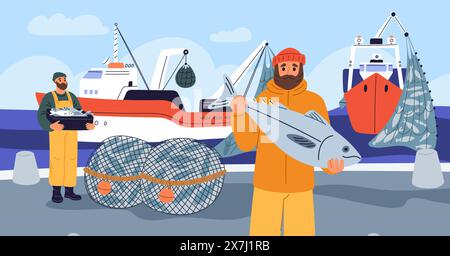 Elementi dell'industria della pesca. I pescatori sulla nave si vantano delle catture. Catene di prodotti ittici. Un uomo di successo tiene il tonno marino. Estrazione subacquea. Peschereccio a strascico in porto. Oceano Illustrazione Vettoriale