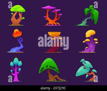 Alberi fantasy dei cartoni animati. Piante della foresta magica. Corone e tronchi colorati. Foglie luminose. Flora insolita. Vegetazione aliena. Giardino mistico. Elegante Illustrazione Vettoriale