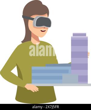 Illustrazione di una donna professionista che analizza grafici a barre 3d utilizzando la tecnologia di realtà virtuale Illustrazione Vettoriale