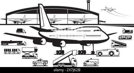 Veicoli per la manutenzione aeroportuale intorno all'aeromobile - illustrazione vettoriale Illustrazione Vettoriale