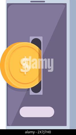 Illustrazione dal design piatto che raffigura una moneta inserita in uno smartphone, simbolo del pagamento mobile Illustrazione Vettoriale