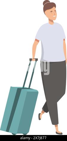 Illustrazione di una giovane donna sorridente che cammina casualmente con una valigia trolley, raffigurante il viaggio e l'indipendenza Illustrazione Vettoriale