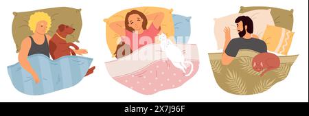 Uomo e donna felici e assonnati che riposano con animali domestici a letto Illustrazione Vettoriale