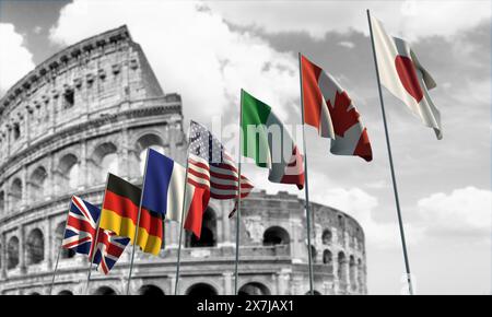 Riunione del G7 in Italia. Gruppo di paesi del G7: Canada, Francia, Germania, Italia, Giappone, REGNO UNITO, STATI UNITI. Immagine composita digitale. Foto Stock