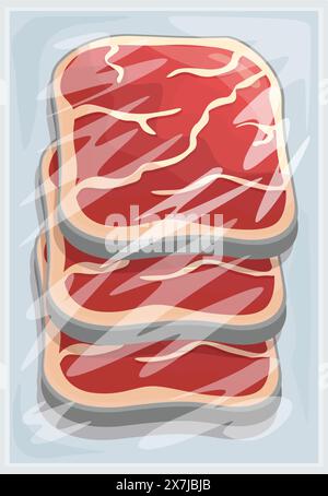 Illustrazione della bistecca di manzo marmorizzata grezza sottovuoto per confezionamento e conservazione in un involucro di plastica ermetico, per garantire freschezza e conservazione igienica Illustrazione Vettoriale