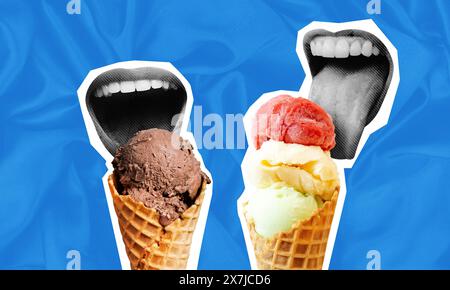 Collage art di una persona che mangia e lecca il gelato in bocca. Mangiare bevande fredde per rilassarsi durante la calda concept art estiva Foto Stock