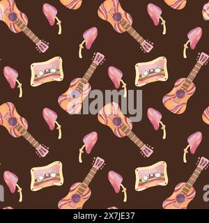 Motivo senza cuciture con chitarra retrò, nastro e funghi in acquerello. Clipart vintage in tessuto musicale hippie. Stampa nostalgica disegnata a mano per abbigliamento, carta da parati, confezionamento e rottamazione Foto Stock